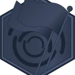 A dark blue flag icon is placed on a hexagonal background with a circular pattern, reminiscent of a strategic team-building experience.