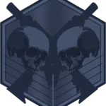 Hexagonal emblem with two mirrored skulls overlaying crossed rifles, featuring angular lines and a dark blue palette, perfect for a thrilling laser tag birthday party.